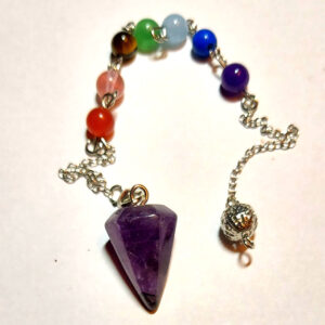 Amethyst Chakra Pendulum – Crystal Point with Seven Chakra Beads