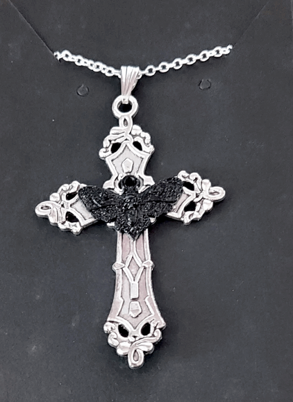 Gothic Cross Pendant with Black Moth Detail – Victorian Mourning Style