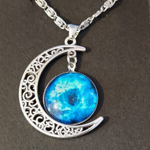Celestial Moon Pendant Necklace – Blue Nebula Glass & Silver Filigree Crescent