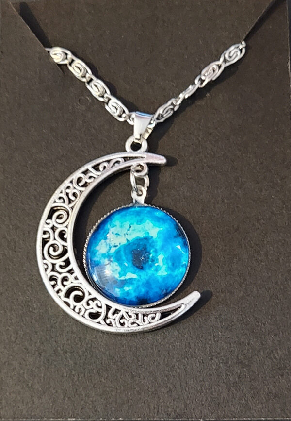 Celestial Moon Pendant Necklace – Blue Nebula Glass & Silver Filigree Crescent