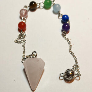Rose Quartz Chakra Pendulum – Crystal Point with Seven Chakra Beads