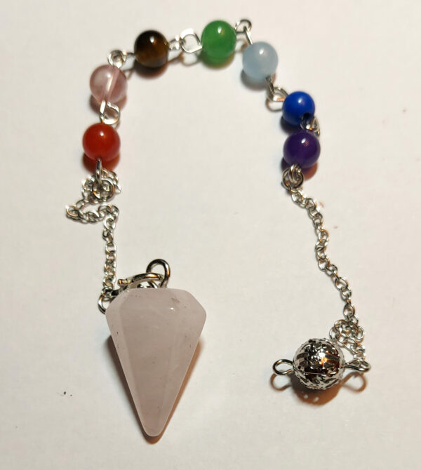 Rose Quartz Chakra Pendulum – Crystal Point with Seven Chakra Beads