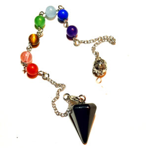 Obsidian Chakra Pendulum - Black Crystal Point with Seven Chakra Beads