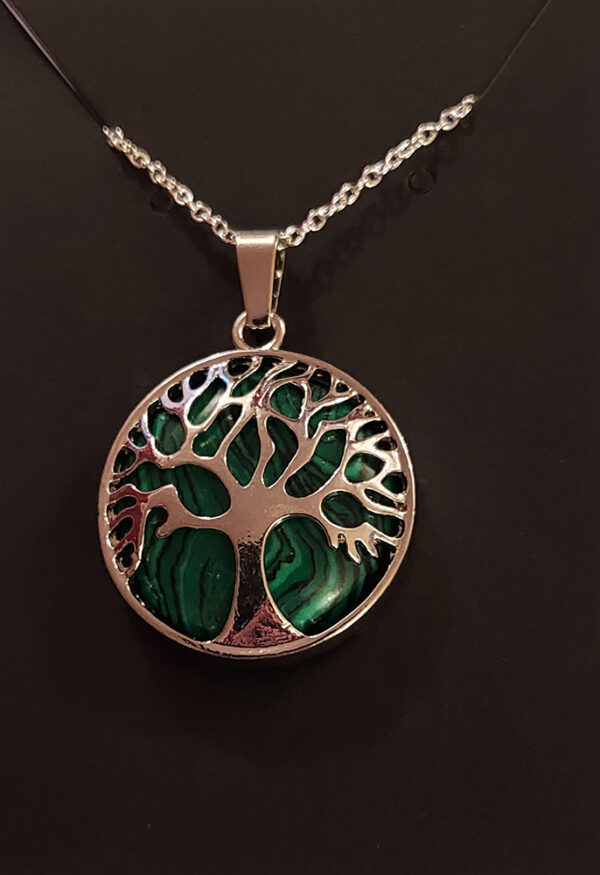 Tree of Life Pendant – Silver Filigree on Deep Green Stone