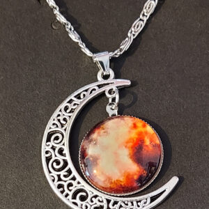 Celestial Moon Pendant Necklace – Blood Moon Ember Glass & Silver Filigree Crescent