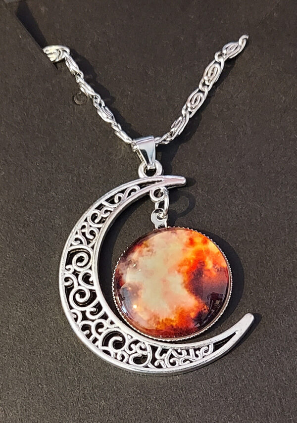 Celestial Moon Pendant Necklace – Blood Moon Ember Glass & Silver Filigree Crescent