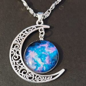 Celestial Moon Pendant Necklace – Moon Mist Glass & Silver Filigree Crescent