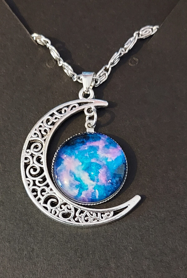 Celestial Moon Pendant Necklace – Moon Mist Glass & Silver Filigree Crescent