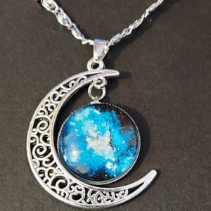 Celestial Moon Pendant Necklace – Midnight Tides Glass & Silver Filigree Crescent
