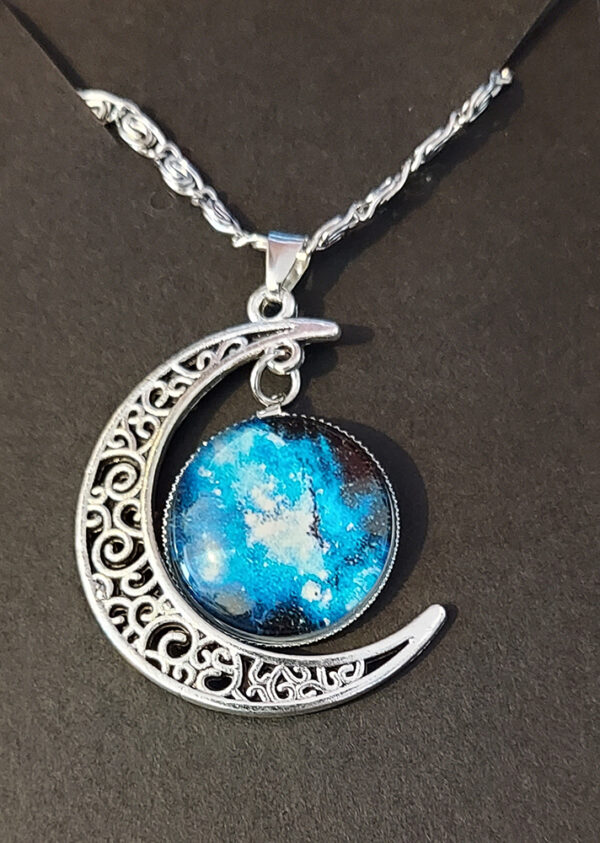 Celestial Moon Pendant Necklace – Midnight Tides Glass & Silver Filigree Crescent