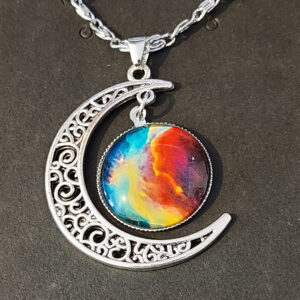 Celestial Moon Pendant Necklace – Cosmic Firestorm Glass & Silver Filigree Crescent