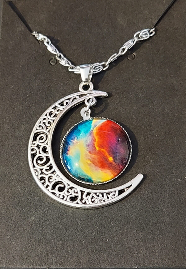 Celestial Moon Pendant Necklace – Cosmic Firestorm Glass & Silver Filigree Crescent