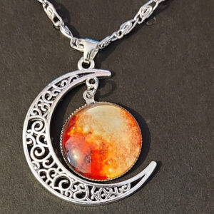 Celestial Moon Pendant Necklace – Ember Glow Glass & Silver Filigree Crescent