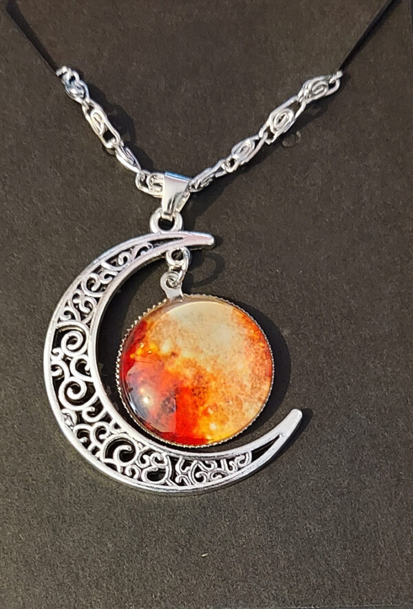 Celestial Moon Pendant Necklace – Ember Glow Glass & Silver Filigree Crescent