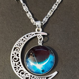 Celestial Moon Pendant Necklace – Moonlit Tide Glass & Silver Filigree Crescent