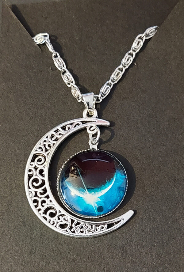 Celestial Moon Pendant Necklace – Moonlit Tide Glass & Silver Filigree Crescent