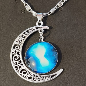 Celestial Moon Pendant Necklace – Lunar Glow Glass & Silver Filigree Crescent