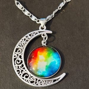 Celestial Moon Pendant Necklace – Lunar Spectrum Glass & Silver Filigree Crescent