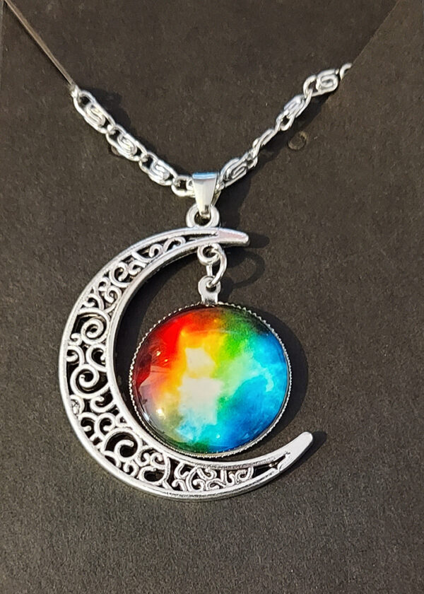 Celestial Moon Pendant Necklace – Lunar Spectrum Glass & Silver Filigree Crescent