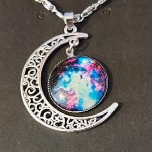 Celestial Moon Pendant Necklace – Stellar Drift Glass & Silver Filigree Crescent