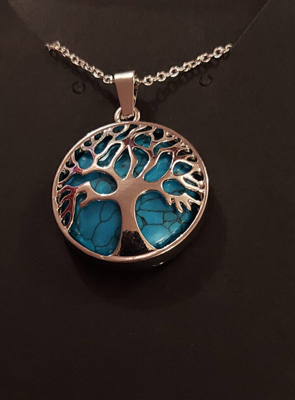 Tree of Life Pendant – Silver Overlay on Marbled Sky Blue Stone
